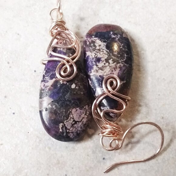 Wire Wrapped Beauties! Purple & Plum Sea Sediment Jasper Teardrop + Rose Gold - Picture 6 of 11
